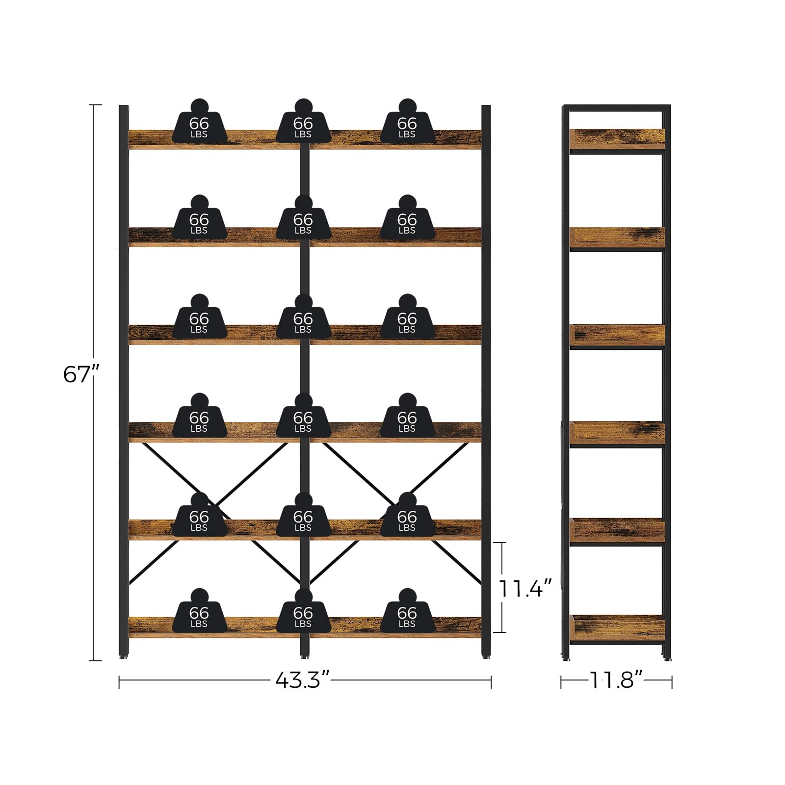 Bookshelf 6 Tier with 4 Hooks, 67” Industrial Wooden Bookcase, Vintage Storage Rack with Open Shelves, Rustic Standing Bookshelves Metal Frame 43.3” Wide Display Rack, Rustic Brown