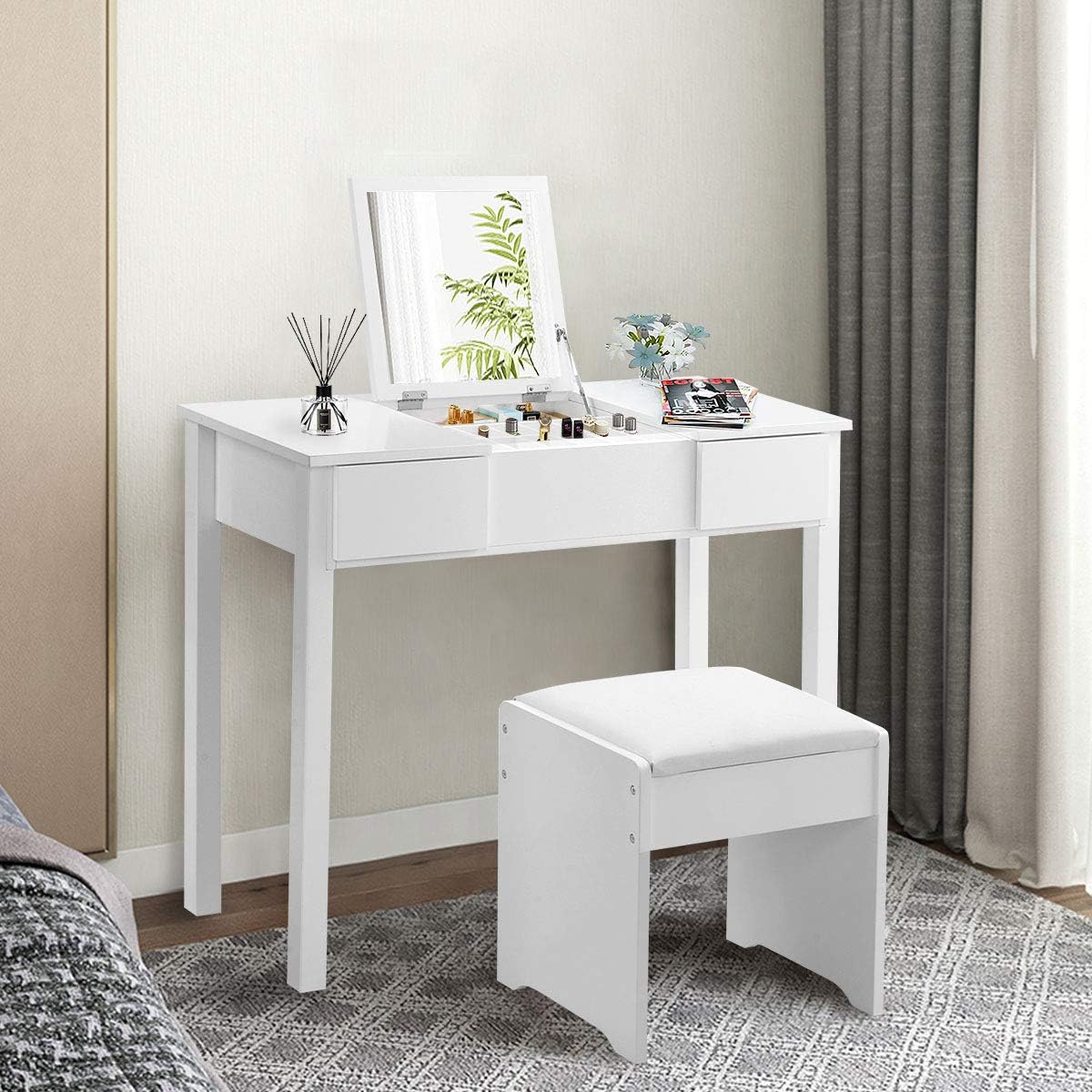 Vanity Set with Flip Top Mirror and Cushioned Stool, Makeup Dressing Table Writing Desk with 2 Drawers