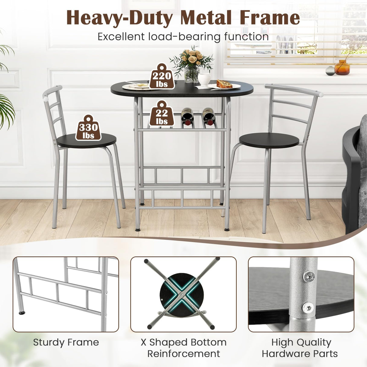 3-Piece Dining Table Set, Kitchen Table and 2 Chairs with Wine Rack, Metal Frame