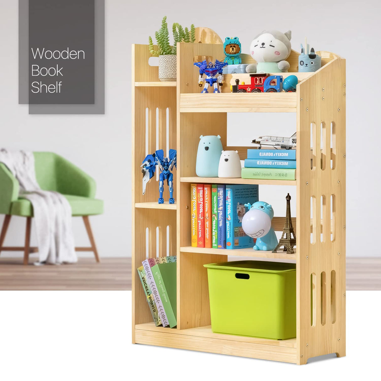 Bookshelf with Organizer, Wood Display Shelf Stand for Small Space Multifunction Storage Cabinet for Playroom, Bedroom, Natural