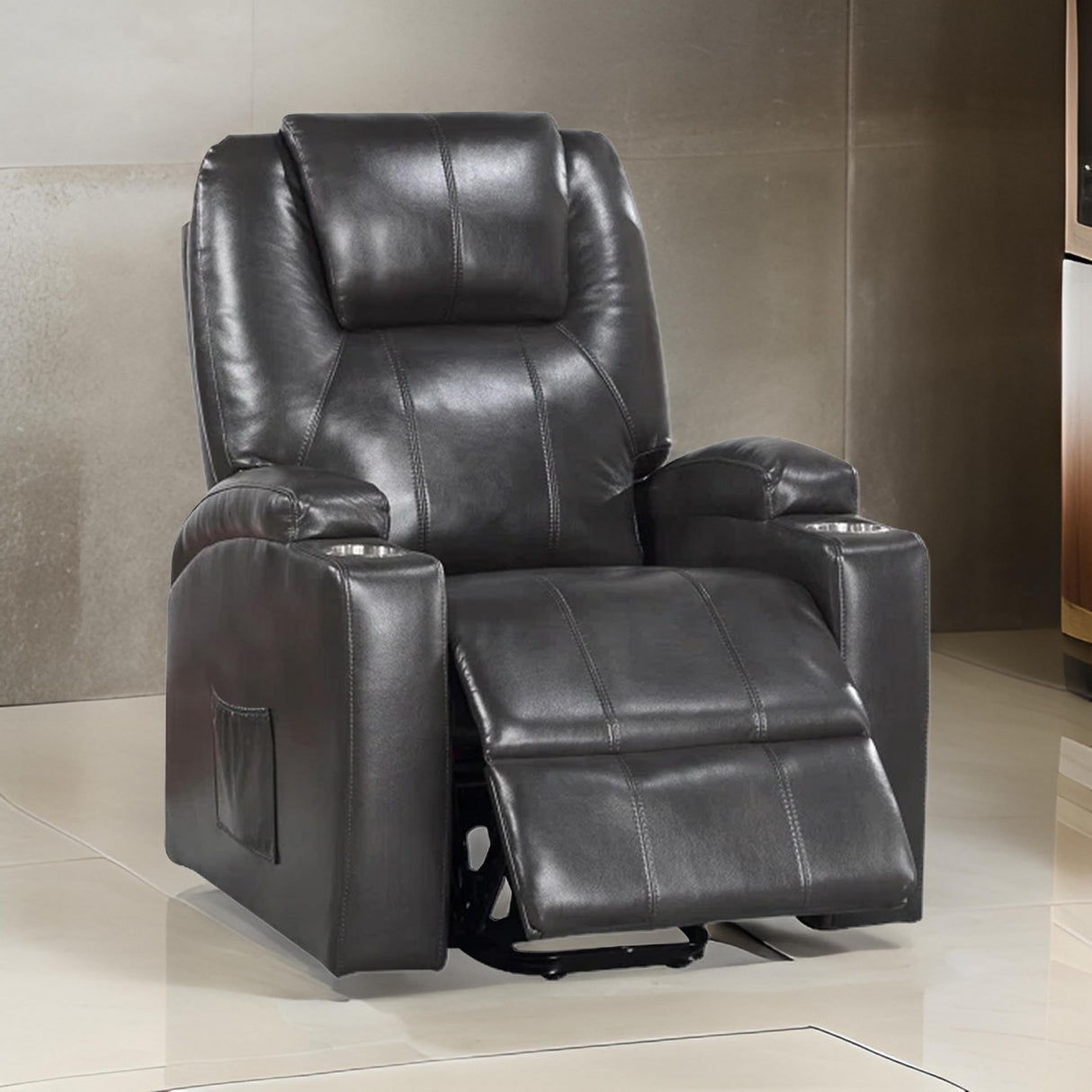 37 Inch Recliner Chair, Power Lift, Cupholders, Gray Faux Leather