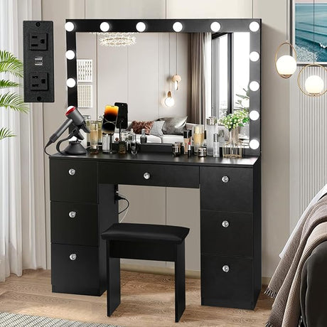 Lighted Mirror, Makeup Vanity Desk with Power Outlet and LED Bulbs, 3 Color Lighting Modes Adjustable Brightness, 7 Drawers Vanity Table with Cushioned Stool for Bedroom, White