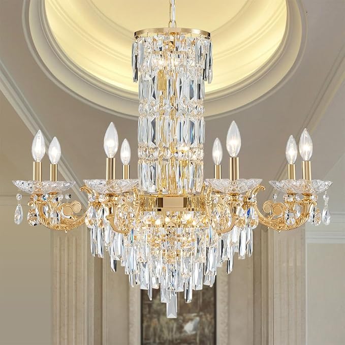 Gold Crystal Contemporary Chandelier Foyer Entryway Lighting, 2-Tier Large Foyer