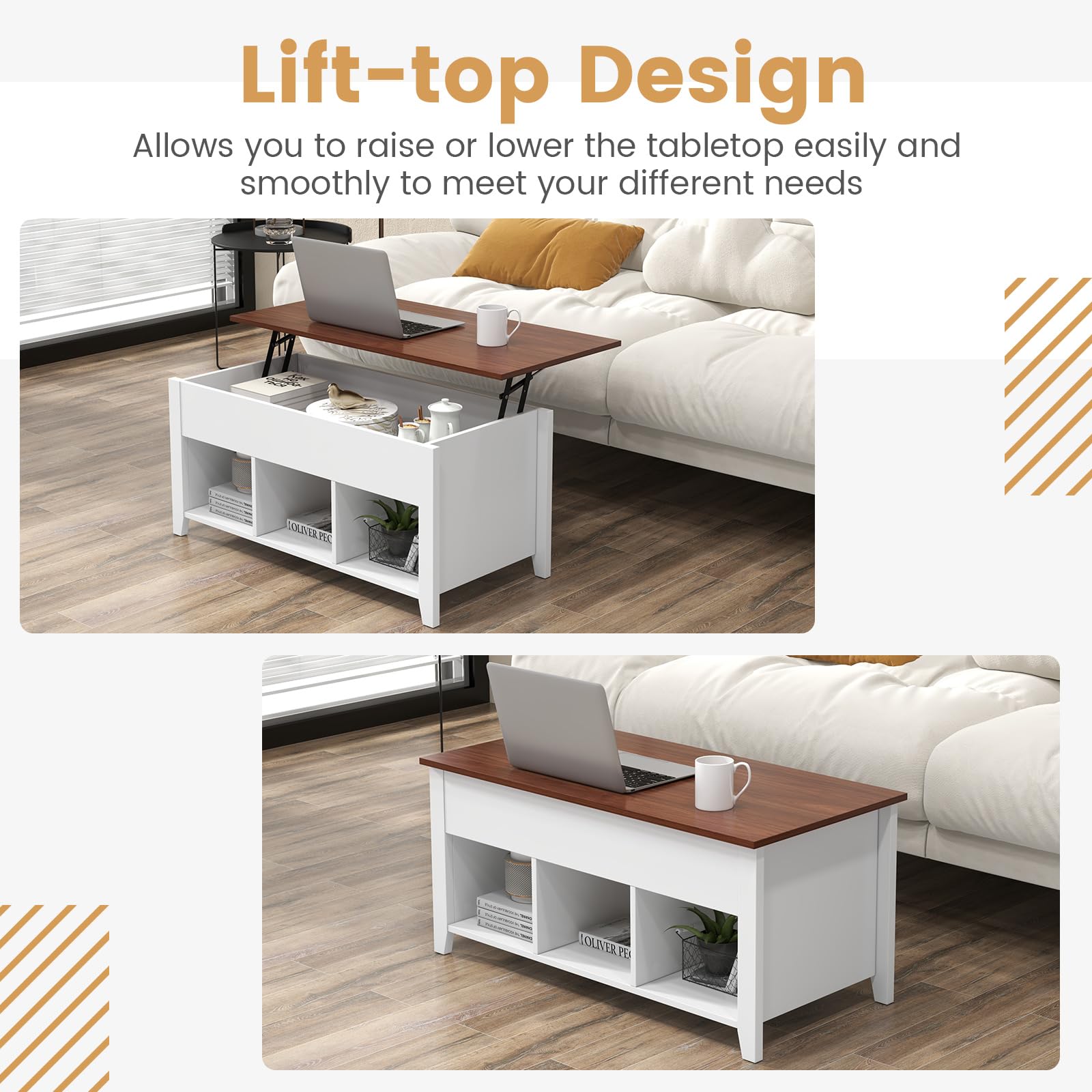 Lift Top Coffee Table - Rectangular Wooden Table w/Hidden Compartment & Open Storage