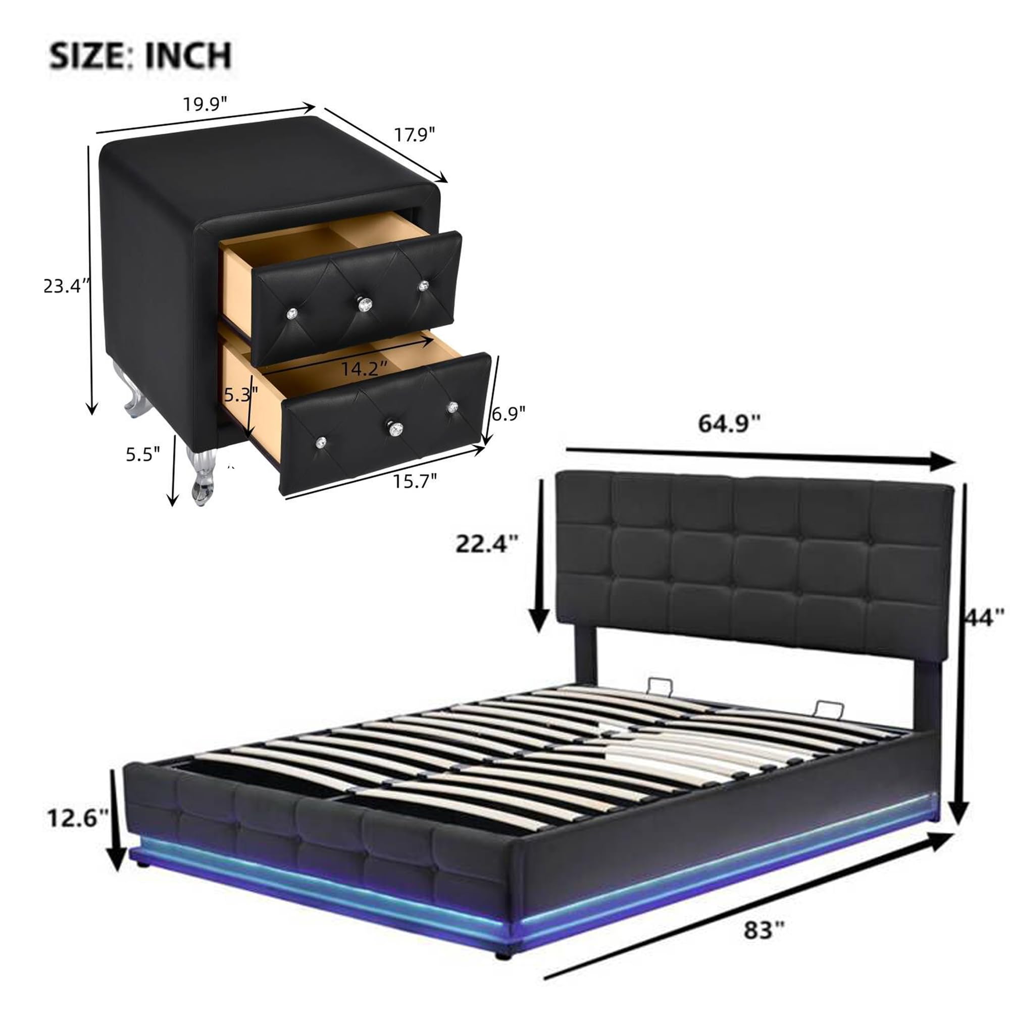 Modern Queen Bed with 2 Nightstands, Black, Platform Bed, LED Lights, Lift-up Storage