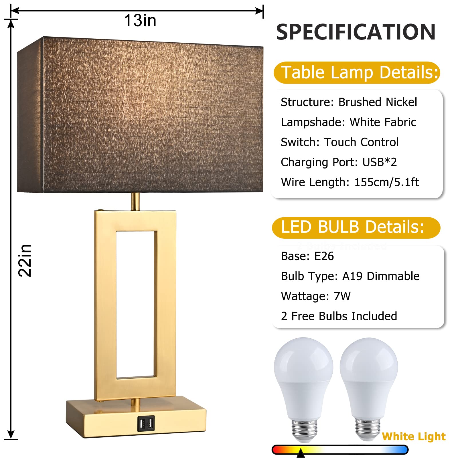 22'' Black&Gold Lamps for Bedrooms Set of 2, Touch Control Table Lamps