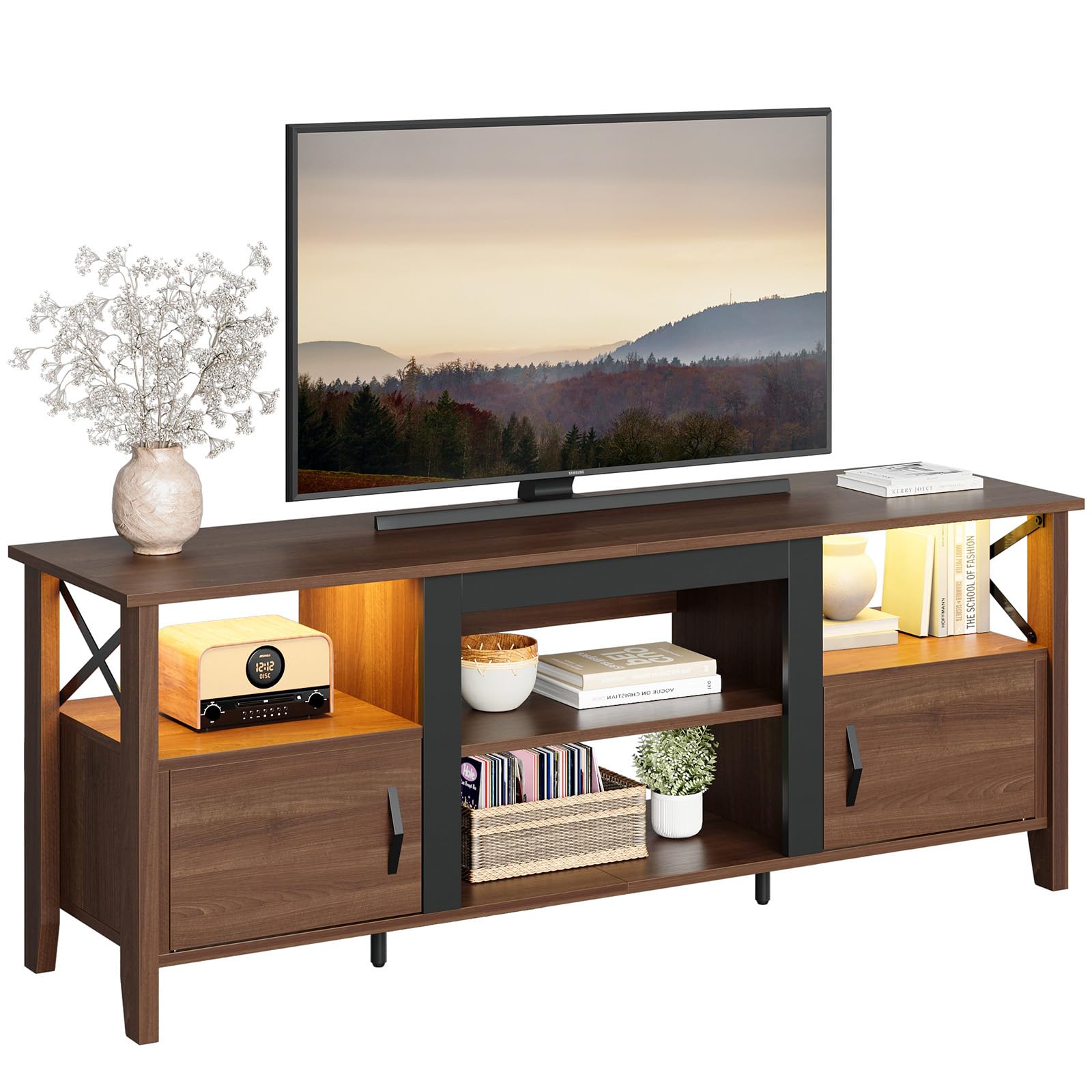 Farmhouse TV Stand for 70 Inch TV with LED Lights - 63 Inch Entertainment Center