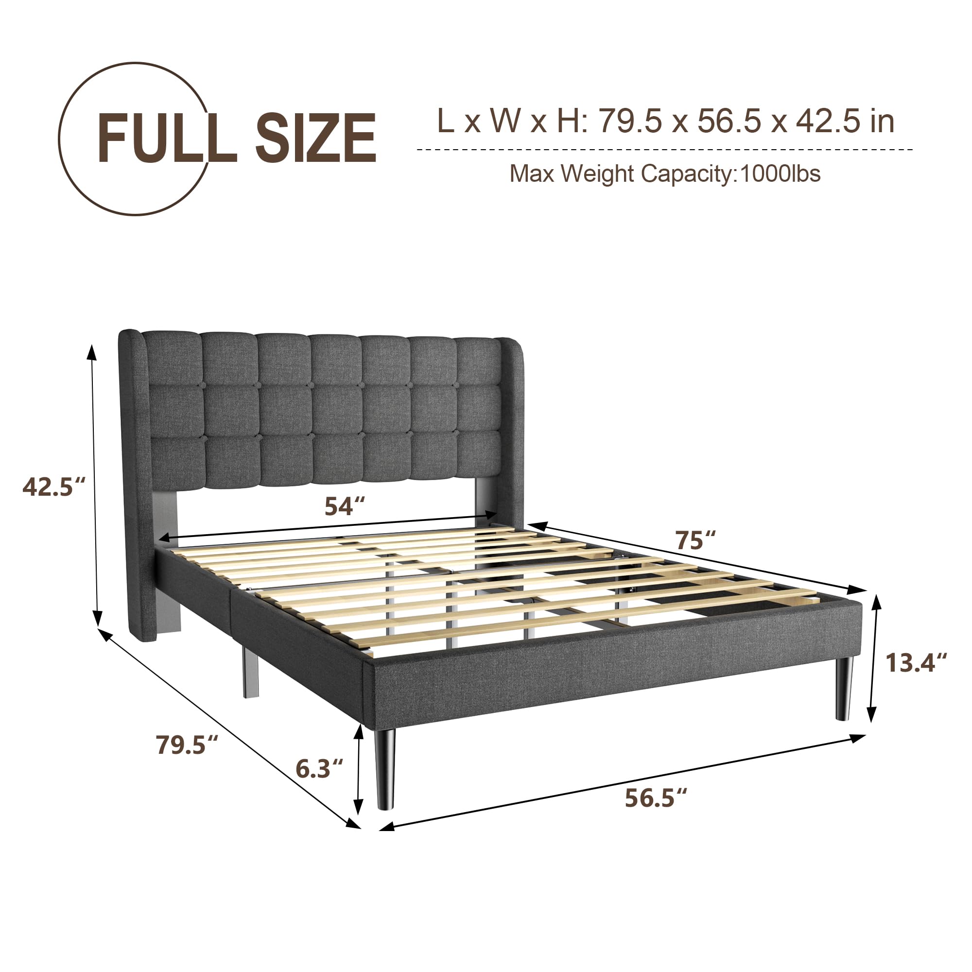 Full Size Bed Frame with Upholstered Wingback Headboard, Modern Platform Bed Frame