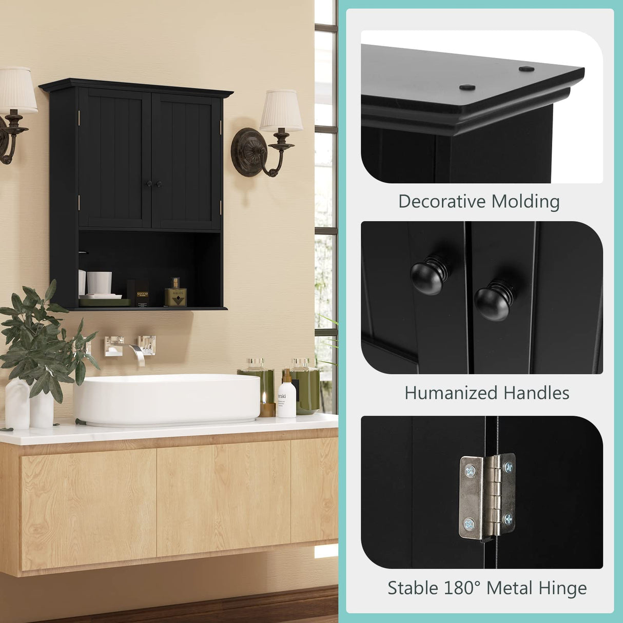 Wall Mounted Bathroom Cabinet, Over The Toilet Storage Cabinet w/Double Doors & Adjustable Shelf,