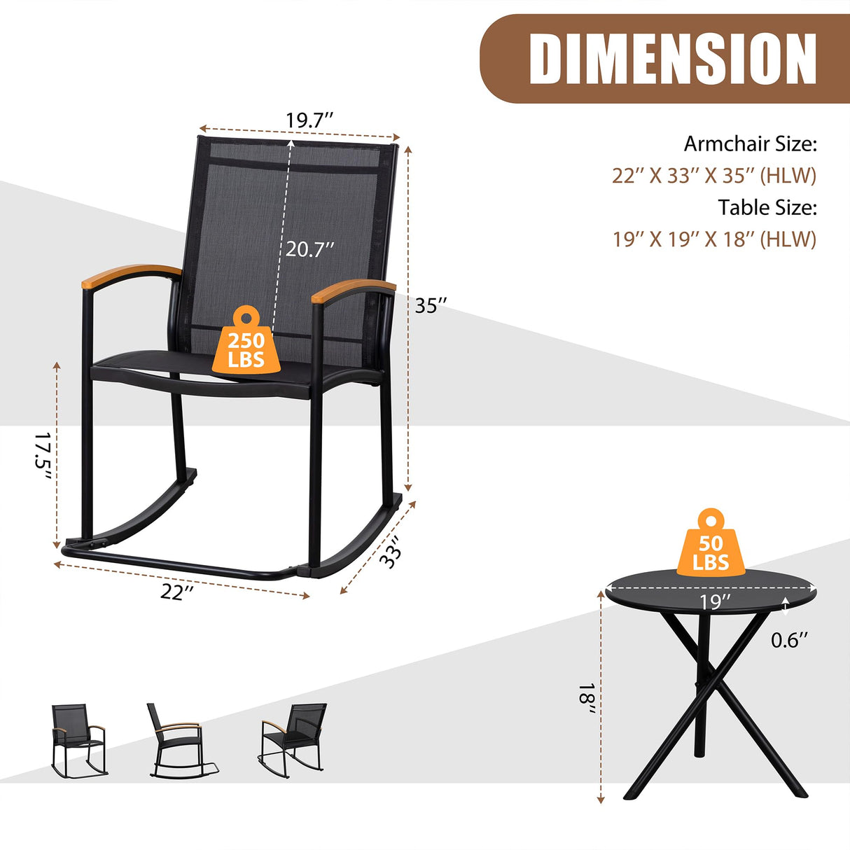 3 Piece Outdoor Rocking Bistro Set, Textilene Fabric Small Patio Furniture Set