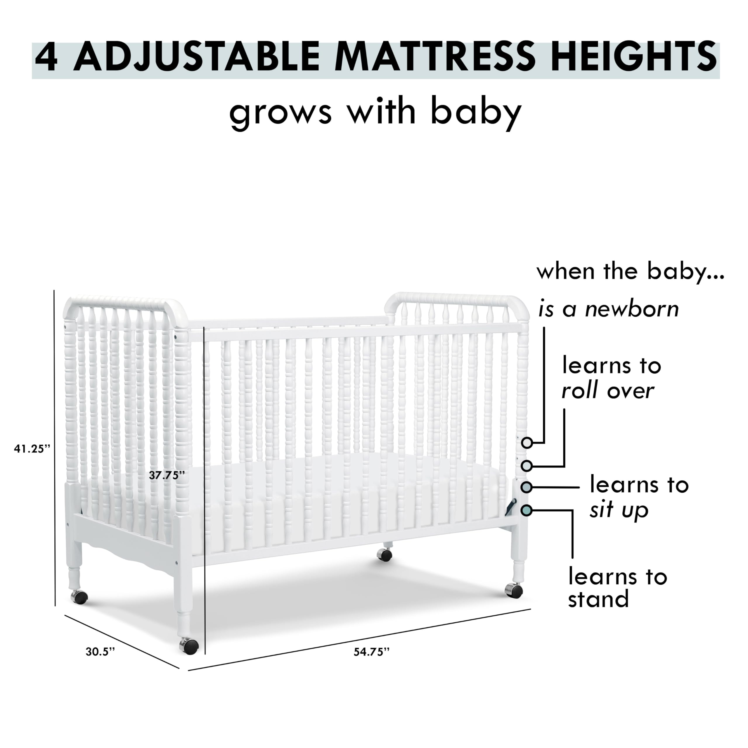 3-in-1 Convertible Crib in White, Removable Wheels, Greenguard Gold