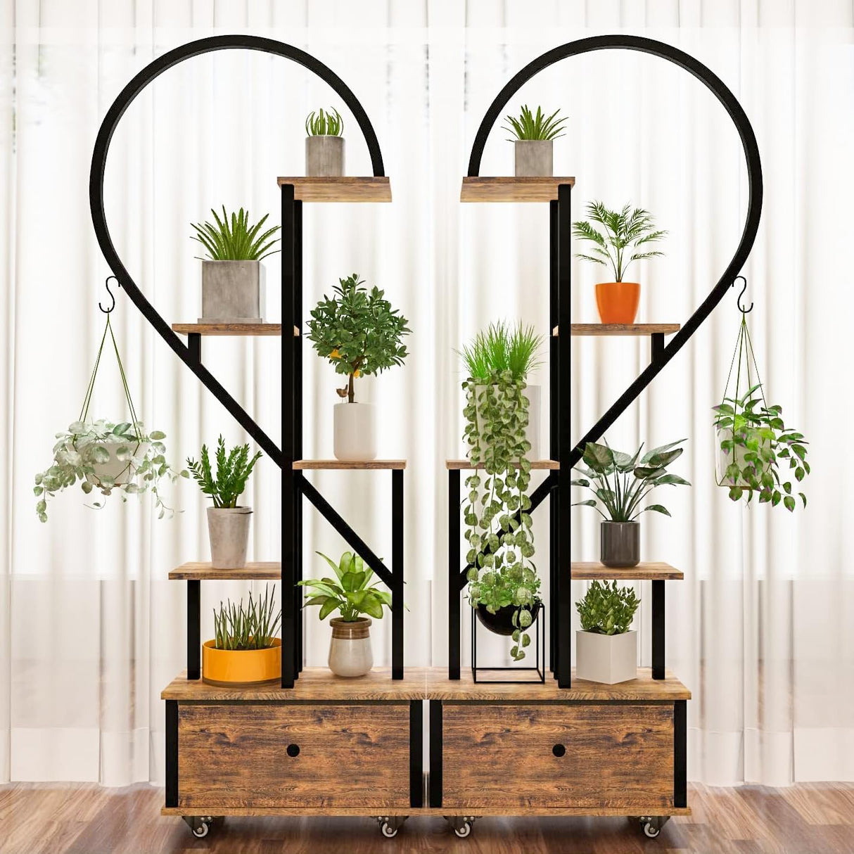 5-Tiered Tall Plant Stand Indoor, Heart-shaped Metal Plant Stand with Wheels