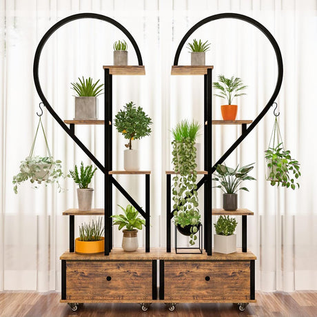 5-Tiered Tall Plant Stand Indoor, Heart-shaped Metal Plant Stand with Wheels