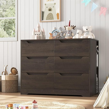 6 Drawer Dresser for Bedroom, Dresser with 4 Cubbies, Wood Chest of Drawers