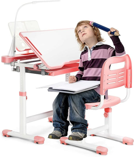 Kids Desk and Chair Set Height Adjustable School Study Desk and Chair with 55° Tiltable Desktop