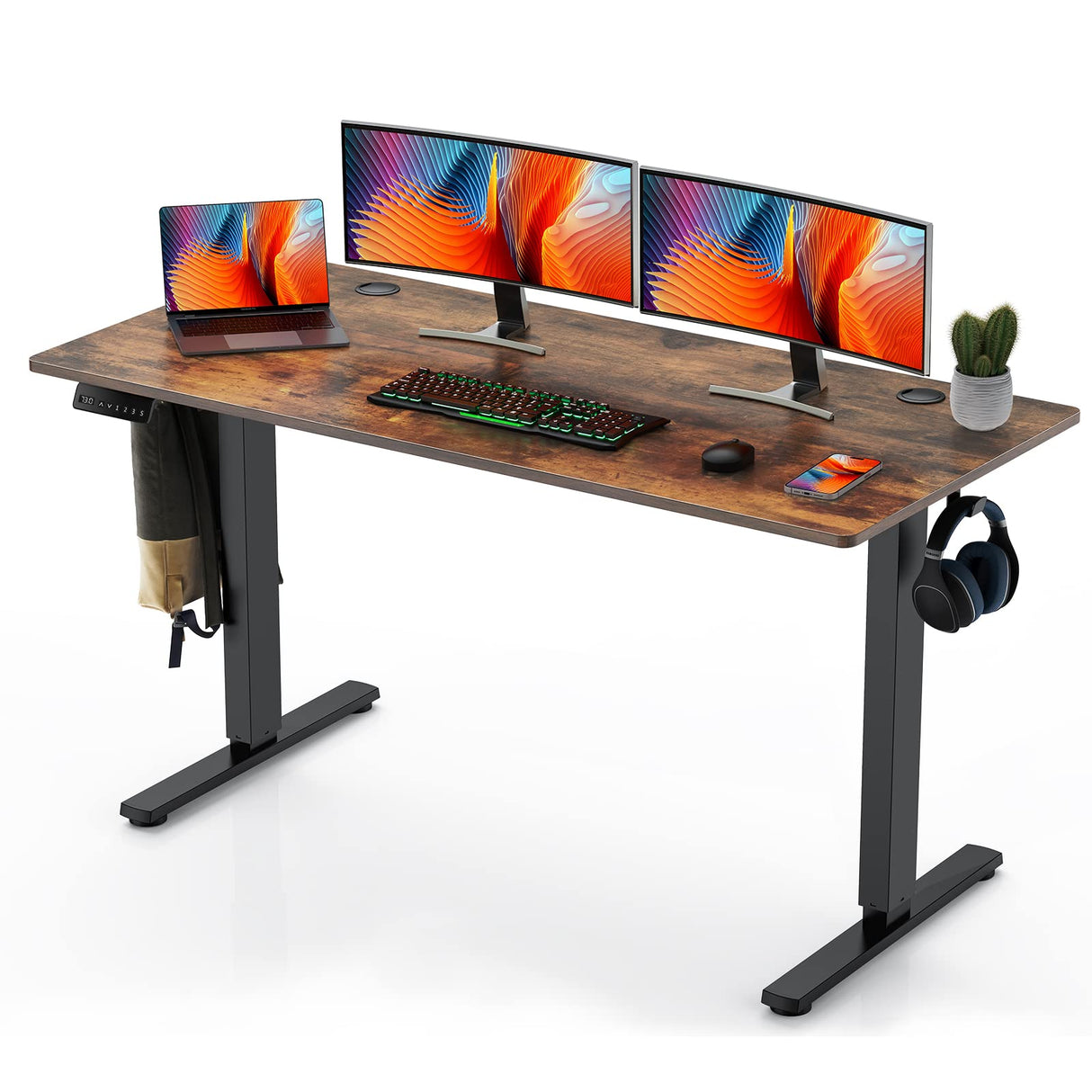 55 x 24in Adjustable Height Electric Standing Computer Home Office Desk Ergonomic Workstation with 3 Memory Controller, 55"x24", Rustic Brown+Black