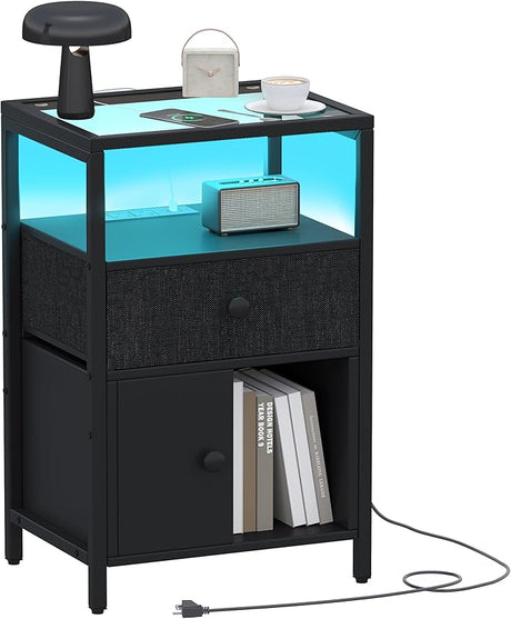 Night Stand, LED Nightstand with Drawer, Side Table with Charging Station