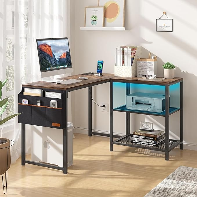 L Shaped Computer Desk 49 Inch Writing Study Corner Gaming Table with Storage Shelves and Side Bag, for Home Office Workstation
