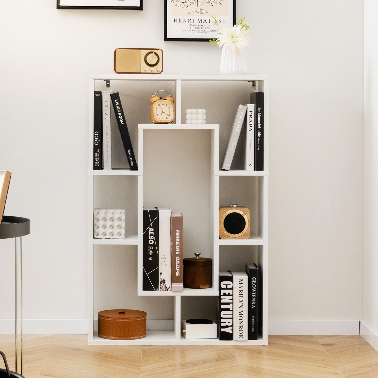 35.5” Geometric Bookshelf, Freestanding Wood Open Bookcase with 7 Cubes, Anti-Toppling Devices, Home Office Décor Rectangular Storage Shelf Display Rack for Study Living Room (1, White)