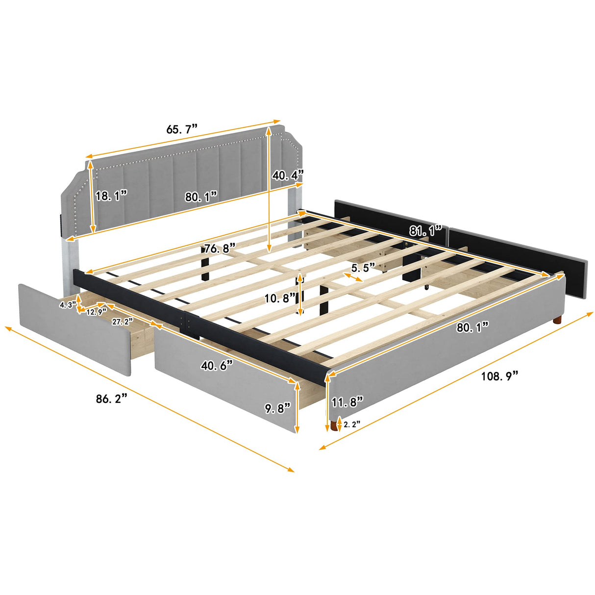 King Size Upholstered Platform Bed with Headboard, 4 Storage Drawers, and Support Legs,