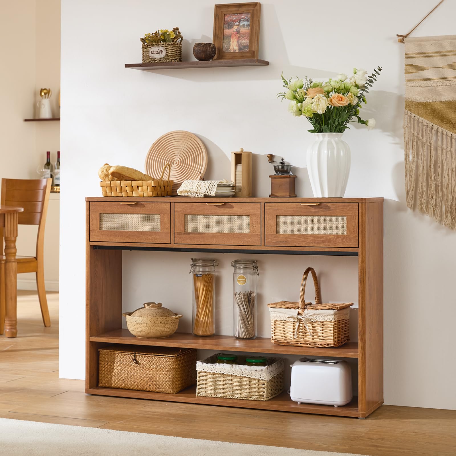 48" Boho Rattan Console Table with 3 Drawers