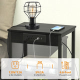 Black Nightstand with Charging Station Industrial End Side Table