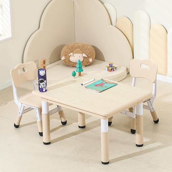 Kids Table and Chairs, Height-Adjustable Toddler Table and Chair Set with 31.5''Lx23.6''W Graffiti Desktop