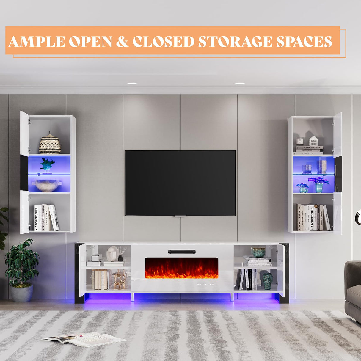 3-Piece Modern Wall Unit Entertainment Center Set, High Gloss 80" Fireplace