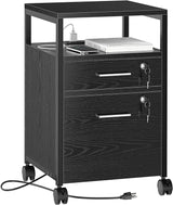 File Cabinet with Lock & Charging Station, 2 Drawers Rolling Filing Cabinet