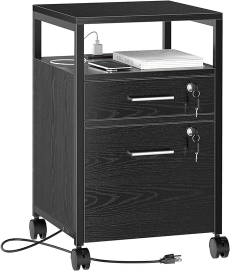 File Cabinet with Lock & Charging Station, 2 Drawers Rolling Filing Cabinet