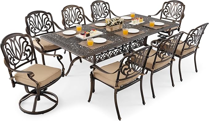 7 Piece Cast Aluminum Outdoor Dining Set Retro Patio Dining Set for 6 Includes 59” Rectangular Table and 6 Chairs
