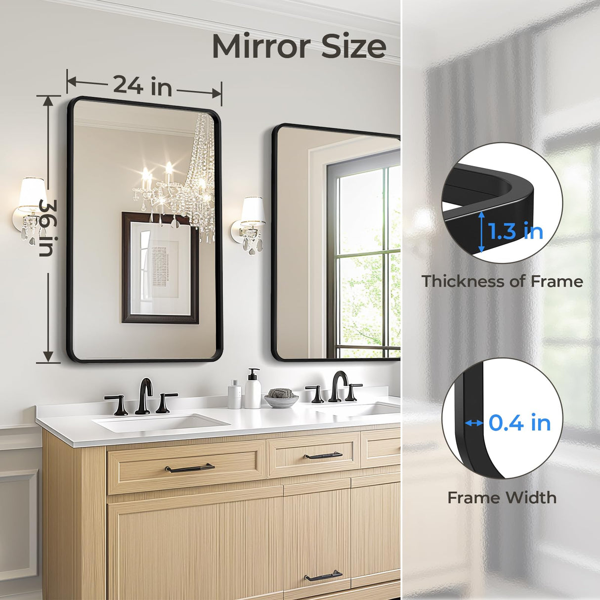 USHOWER 2-Pack Black Bathroom Mirrors 24 x 36 Inch, Metal Frame Rectangle Mirror, Modern Farmhouse Vanity Mirror, Wall Mounted