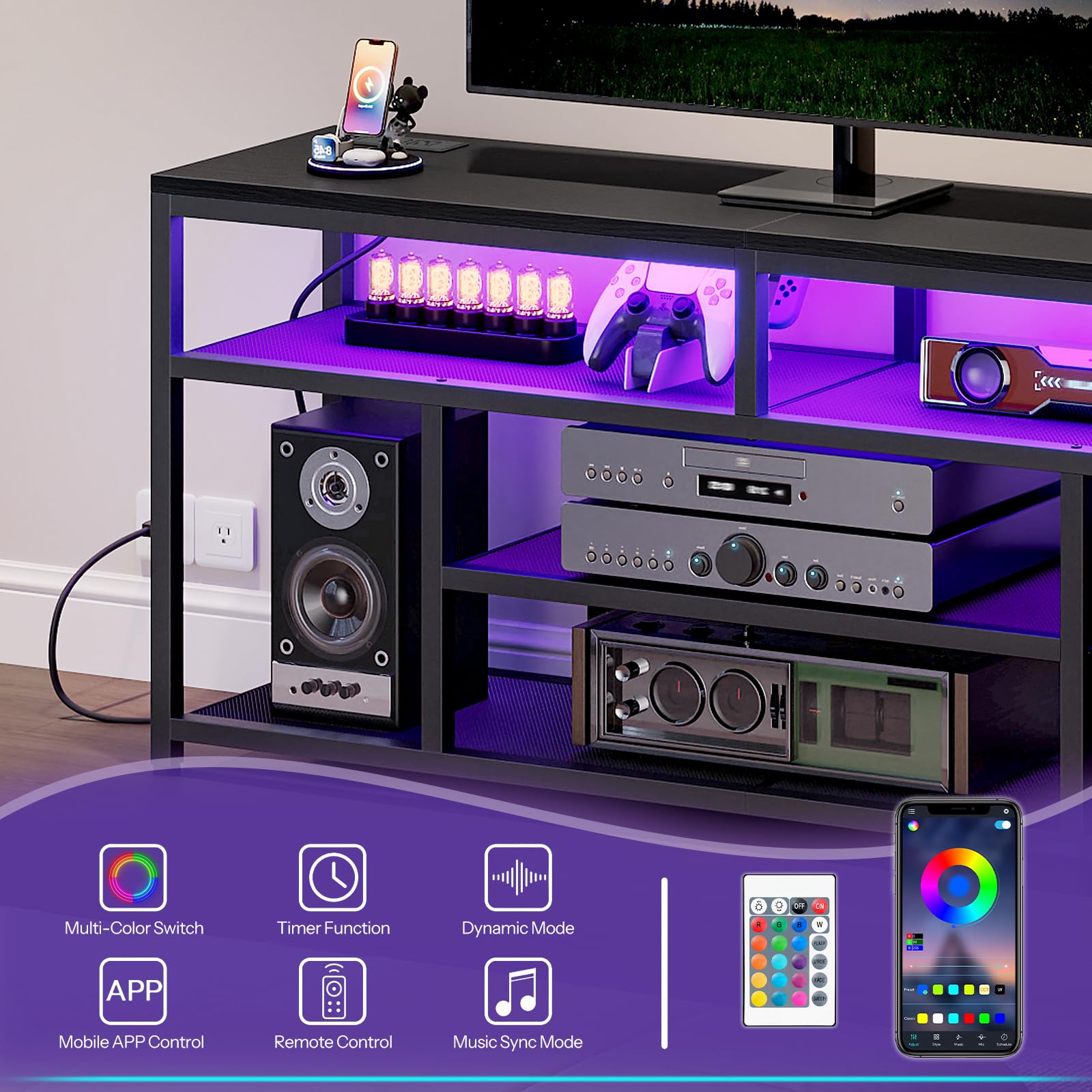 LED TV Stand with Charging Station - 4-Tier Entertainment Center for 65" TVs