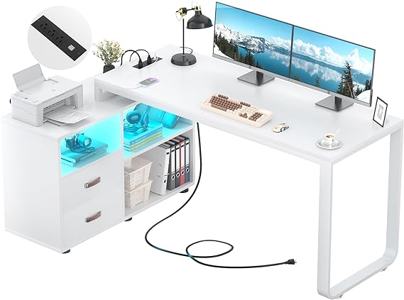 HomeEase 55-Inch L-Shaped Desk with File Cabinet, Power Outlet & Reversible Design