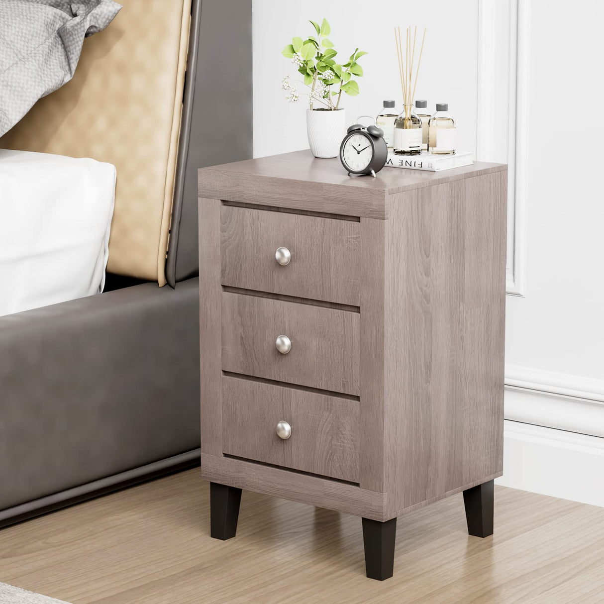 Nightstand with 3 Drawers Set of 2, 26.5" Wood End Side Table w/Handles & Rubber Solid Wood Legs