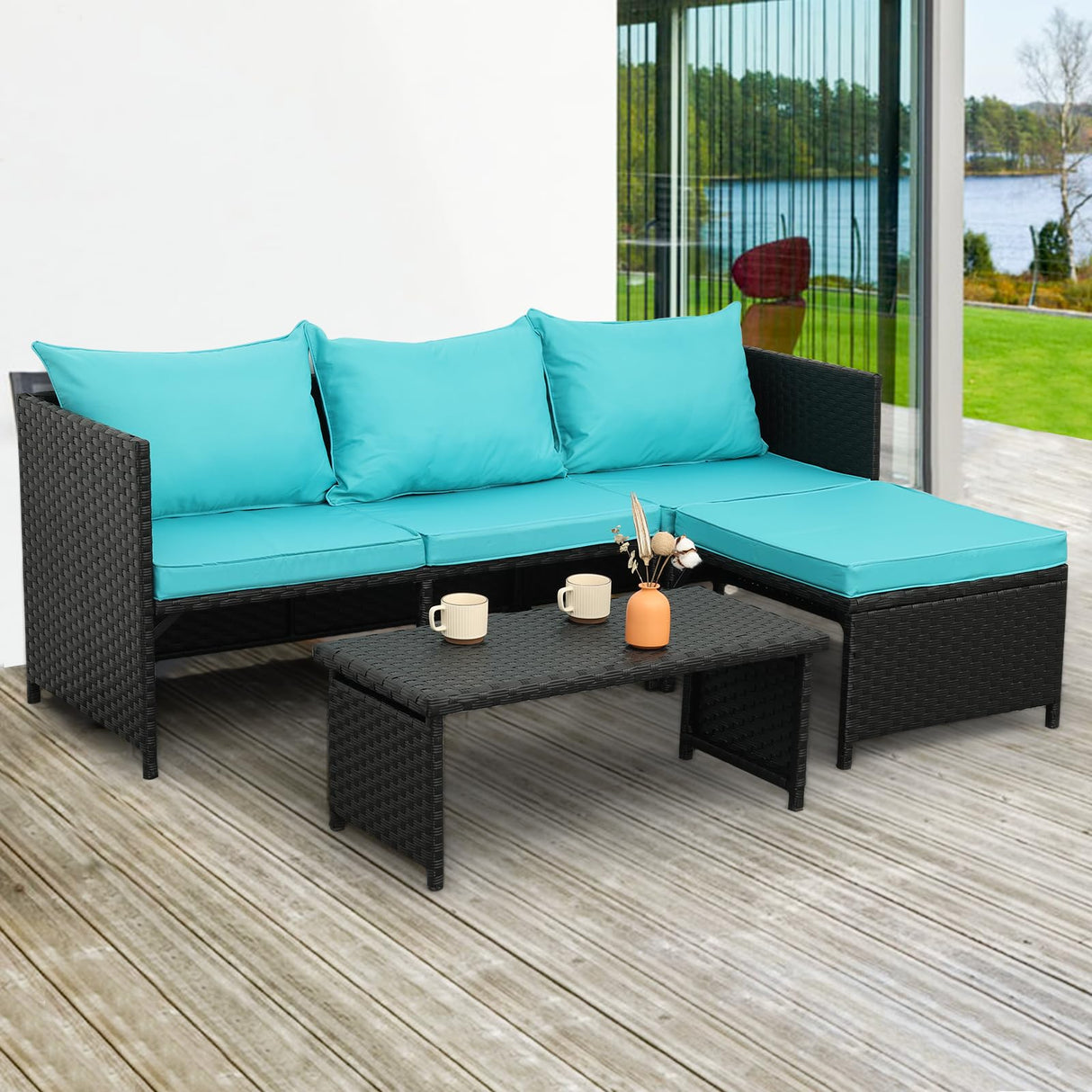 3-Piece Outdoor PE Rattan Furniture Set Patio Black Wicker Conversation Loveseat Sofa