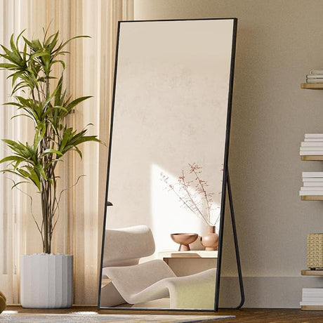 64"x21" Floor Mirror Full Length, Bedroom Floor Body Mirror with Stand, Black Mirror,