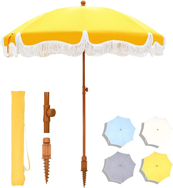 7ft Patio Beach Umbrella with Fringe, Tassel Umbrellas UPF50+ with Sand Anchor & Tilt