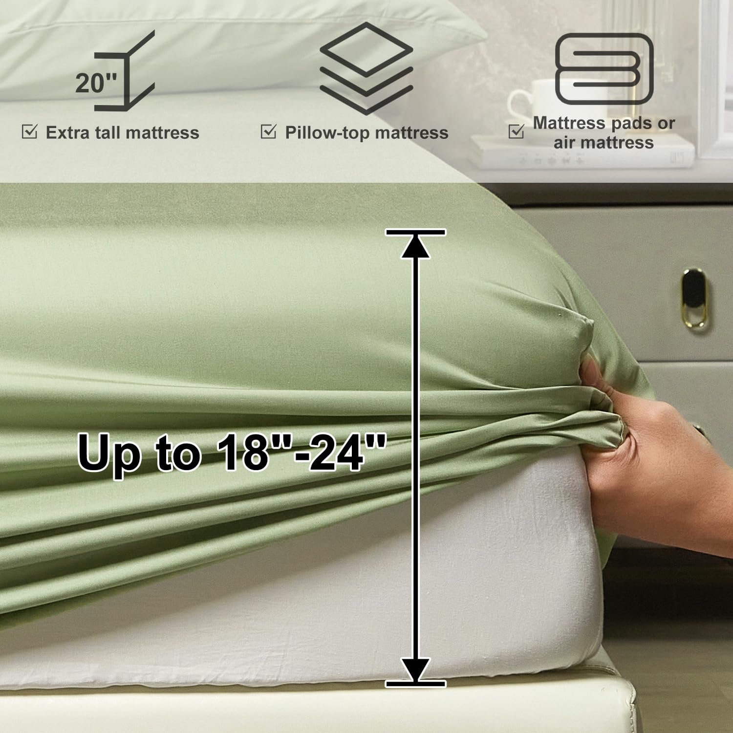 Full Sheets Sets, Rayon Derived from Bamboo, Extra Deep Pocket Sheets Fits 18"-24"