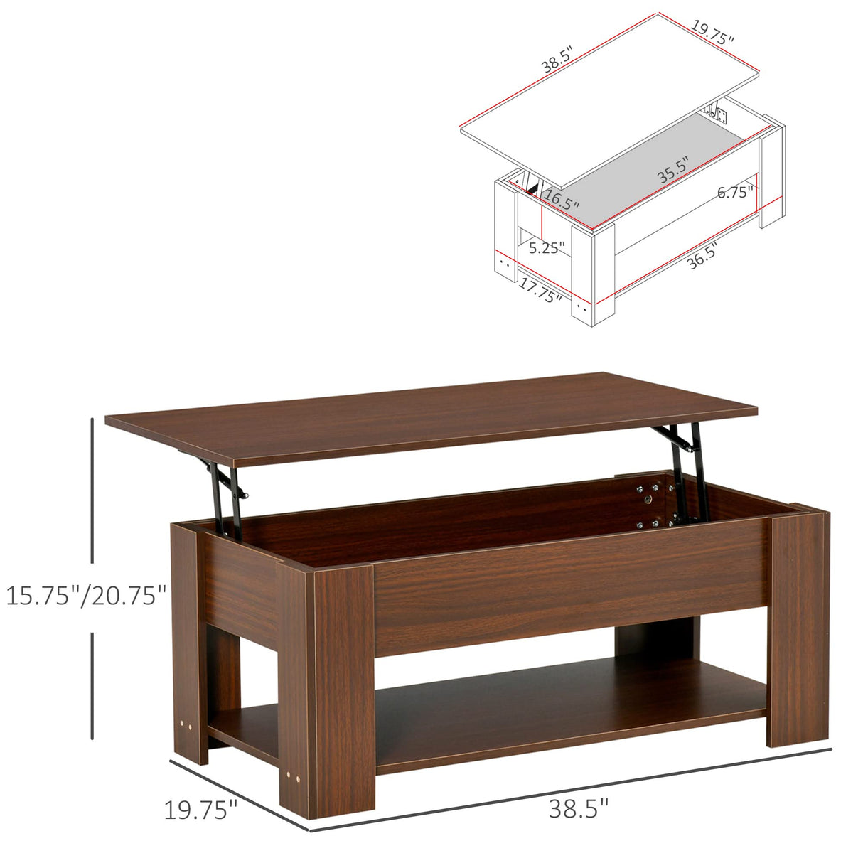 39" Lift Top Coffee Table with Hidden Storage Compartment and Open Shelf