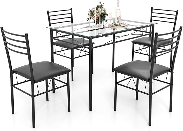 5-Piece Dining Table Set for 4, Modern 3/8'' Tempered Glass Kitchen Room Table