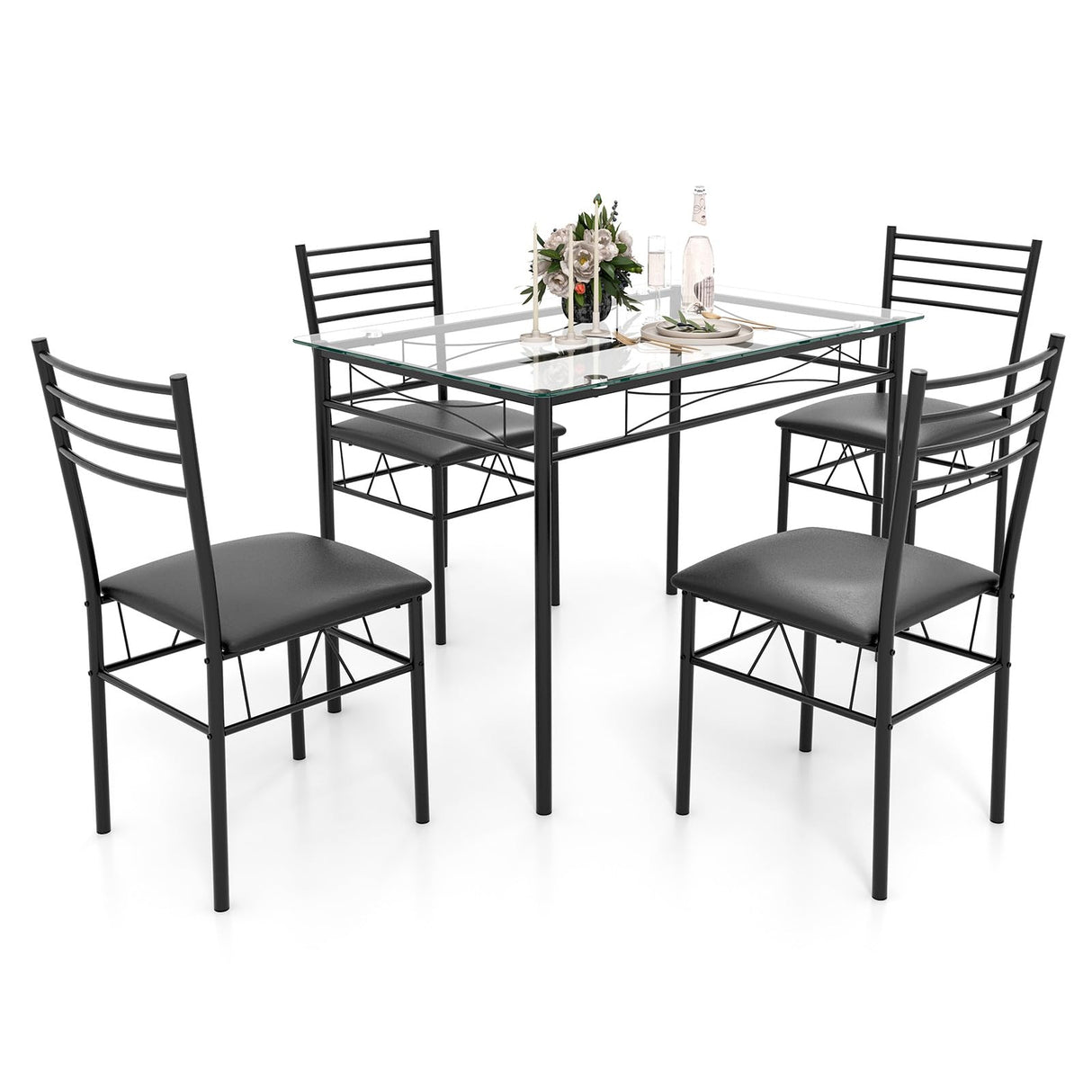 5-Piece Dining Table Set for 4, Modern 3/8'' Tempered Glass Kitchen Room Table