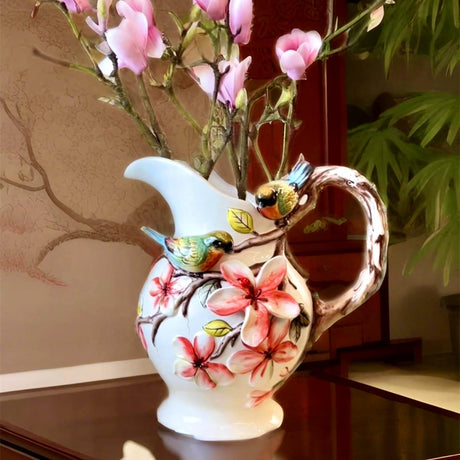 Large Water Pitcher Flower Vase, 3D Hand-Painted Magnolia and Bird Home Decor