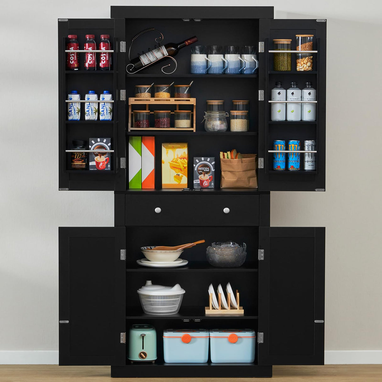 usikey 72” Kitchen Pantry Cabinet, Tall Storage Cabinet with 4 Doors and 1 Drawer, Freestanding Cupboard with 6 Hanging Shelves and Adjustable Shelves for Kitchen, Dining Room,Living Room, Black