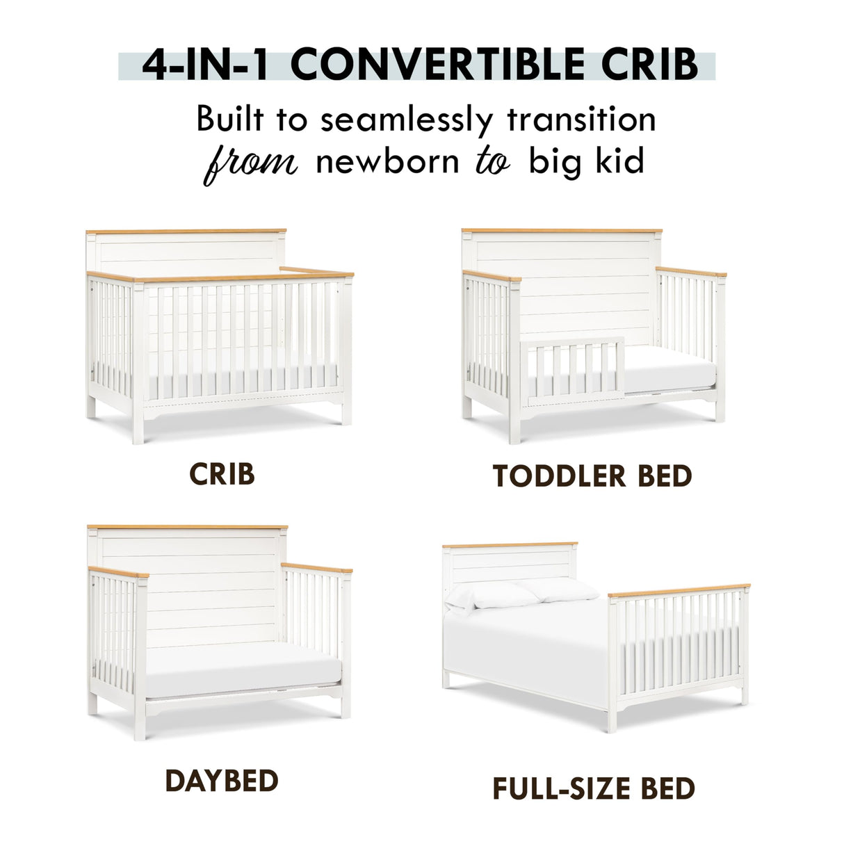 4-in-1 Convertible Crib in Warm White and Honey, GREENGUARD Gold Certified