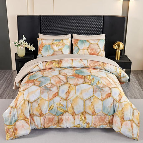 7 Pcs White Marble Bedding Comforter Set California King, Hexagon Honeycomb