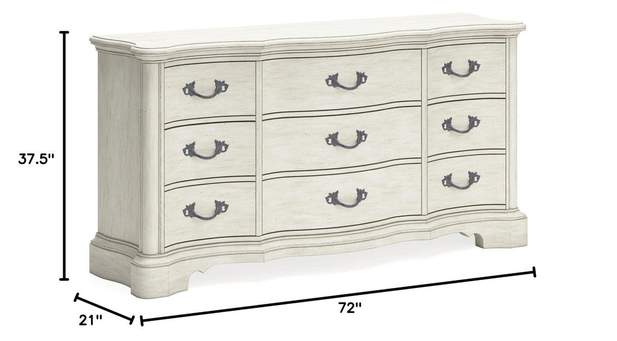 Arlendyne Traditional 9 Drawer Dresser with Felt-lined Top Drawer for Bedroom, White