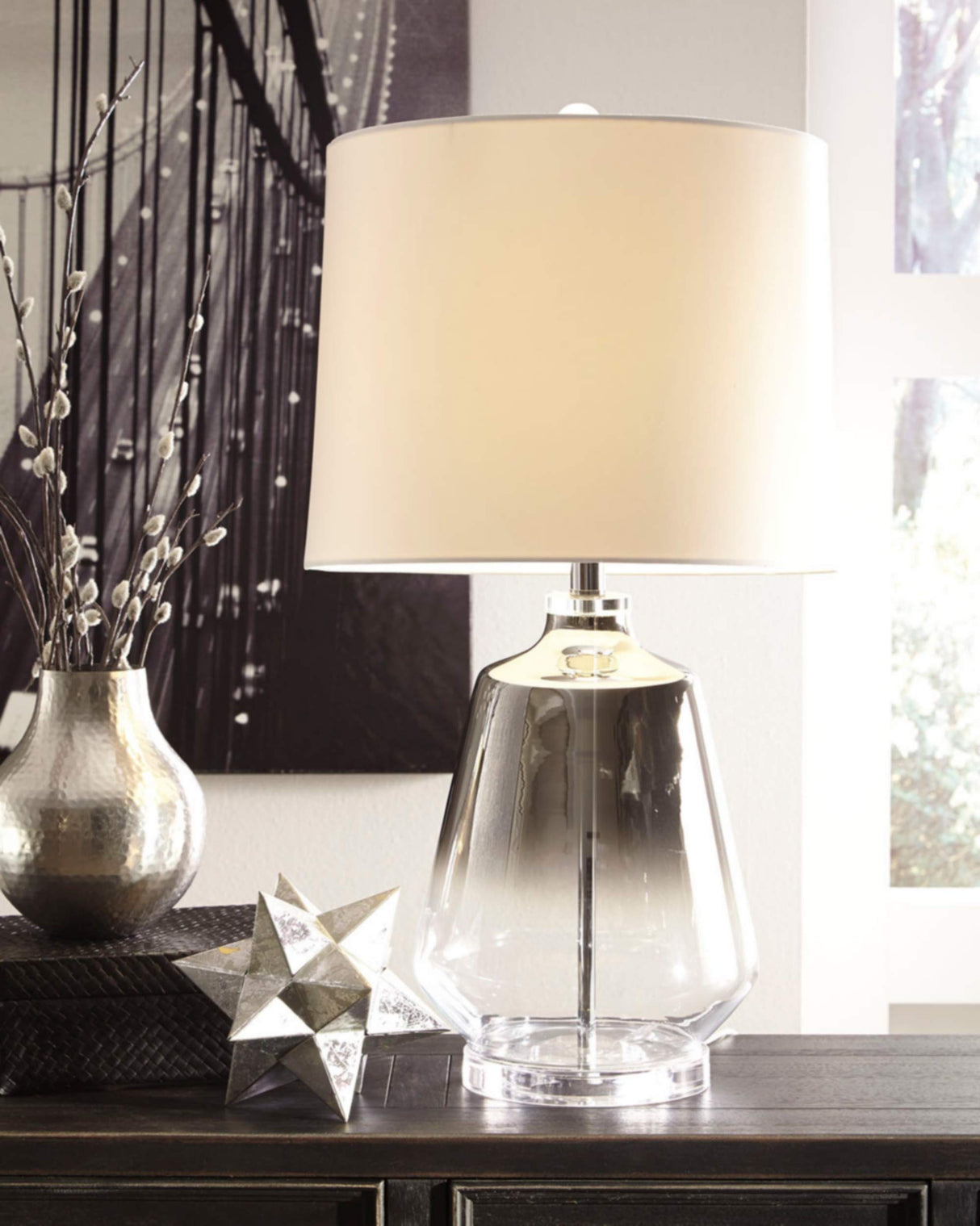 Signature Design by Ashley Jaslyn Ombre 28" Glass Table Lamp with White Shade, Silver Finish