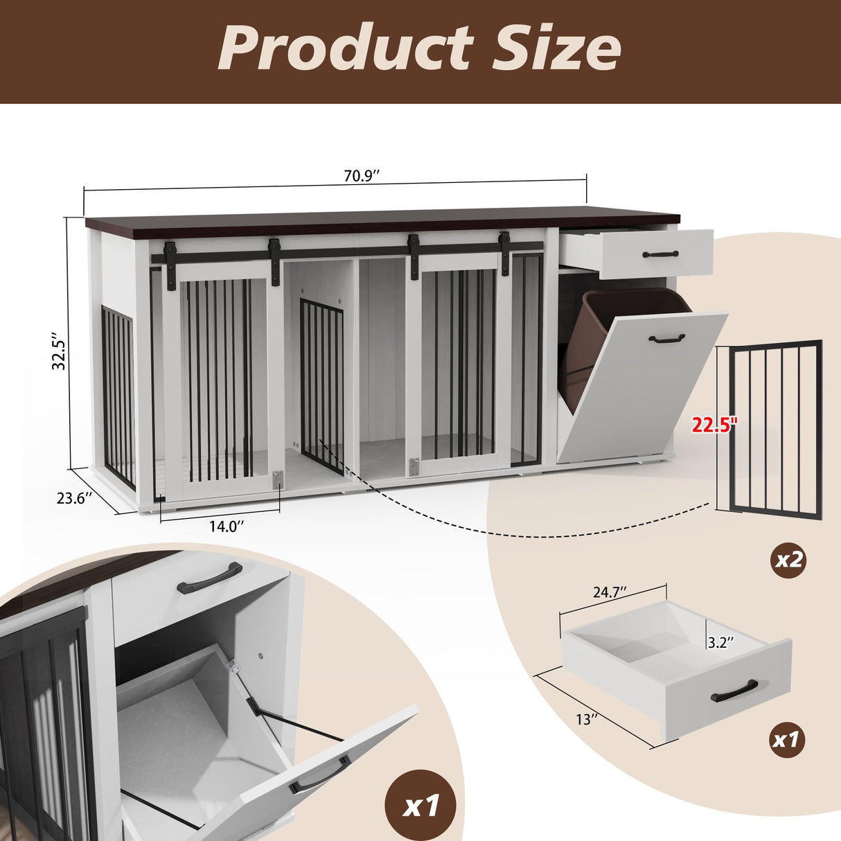 71" Double Dog Crate with Storage - Furniture Style Wooden Kennel