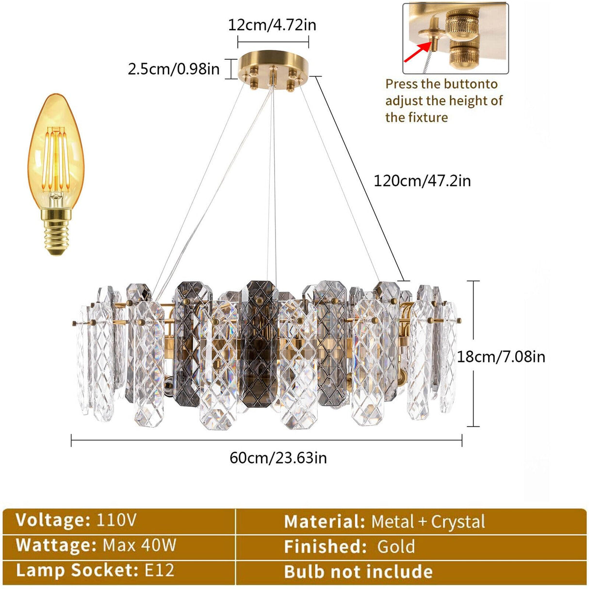 Round Crystal Chandelier, Luxury Ceiling Lighting Lamps 8 Light Gold Chandelier, Modern